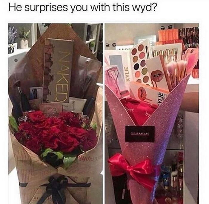 Two bouquets, one with roses and makeup, the other with various cosmetics, illustrating relatable relationship memes.