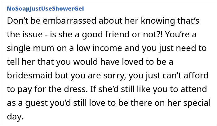 Text post showing a woman upset about bride-to-be asking her to pay for her own bridesmaid&rsquo;s dress.