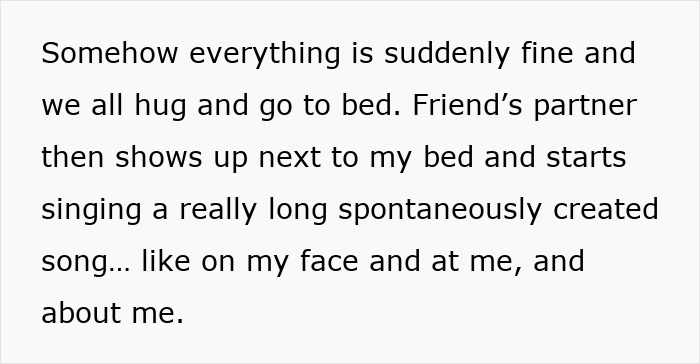 Alt text: Lady visiting friend abroad feels uneasy as friend&rsquo;s intoxicated partner serenades her spontaneously in bed.