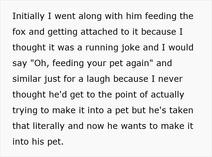 Text excerpt describing a man feeding a fox, hoping to make it his pet, relating to installing a cat flap.