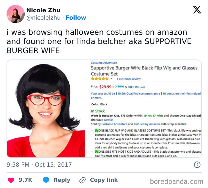 Screenshot of a humorous off-brand Halloween costume named Supportive Burger Wife with wig and glasses.