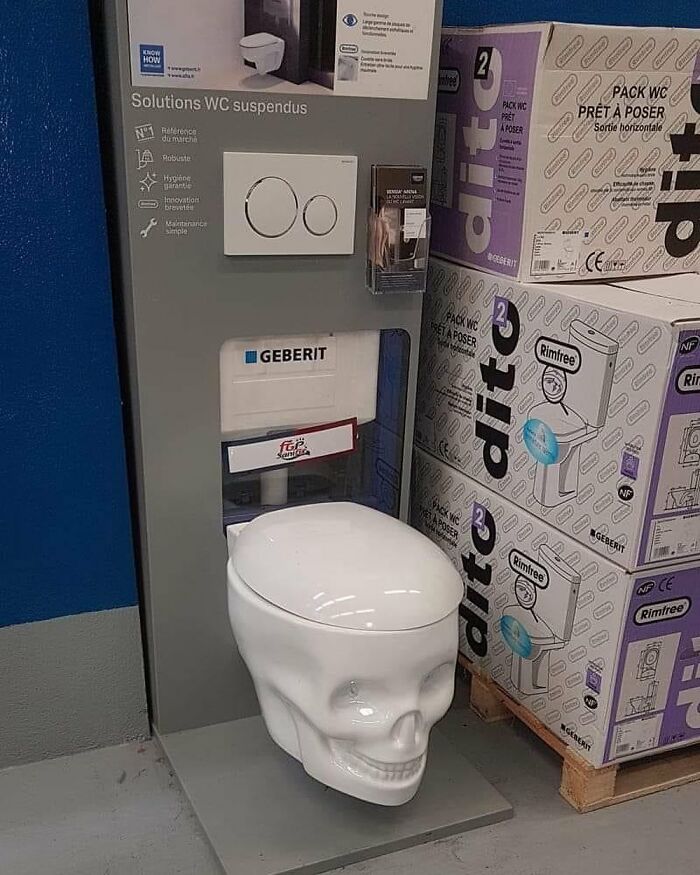 Toilet shaped like a skull displayed in a store, fitting the theme for horror and Halloween fans meme content.