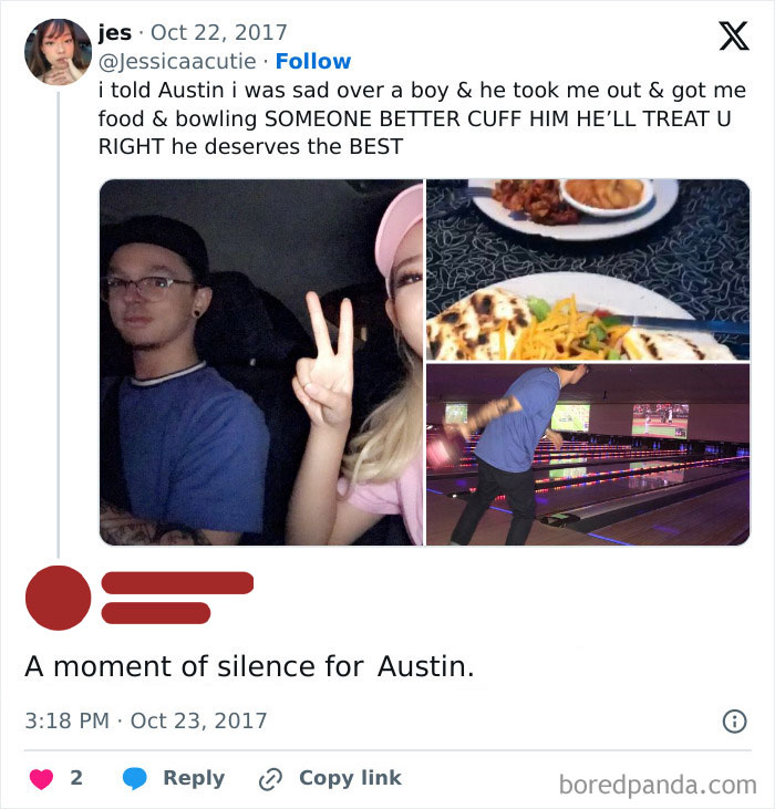 Couple at bowling alley with food, illustrating facepalm moments showing lack of basic logic and common sense in many people.