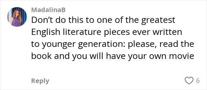 Comment from user MadalinaB criticizing the portrayal of Wuthering Heights in Margot Robbie's provocative trailer.