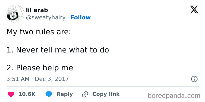 Tweet humorously listing two contradictory rules, illustrating relatable memes to help cope with anxiety through humor.