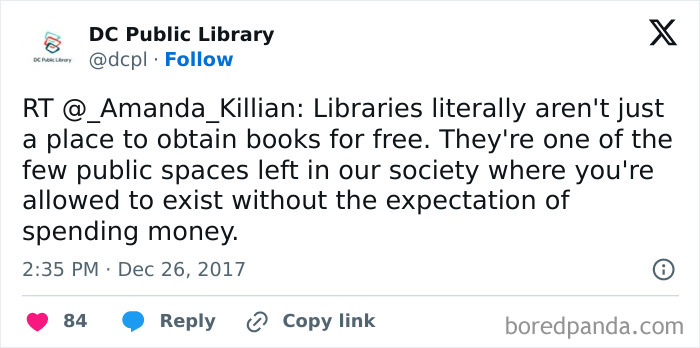 Tweet highlighting libraries as public spaces to exist freely without spending money, reflecting simple living and appreciating having less.