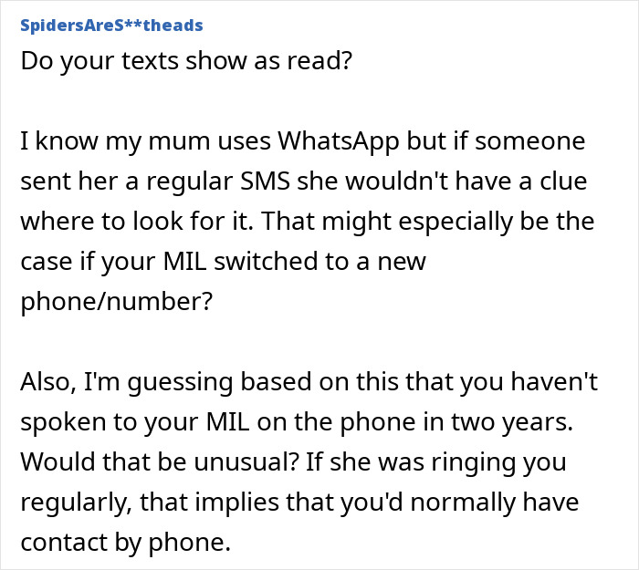 Online forum post discussing a daughter-in-law freaked out by mystery calls from her mother-in-law's new number