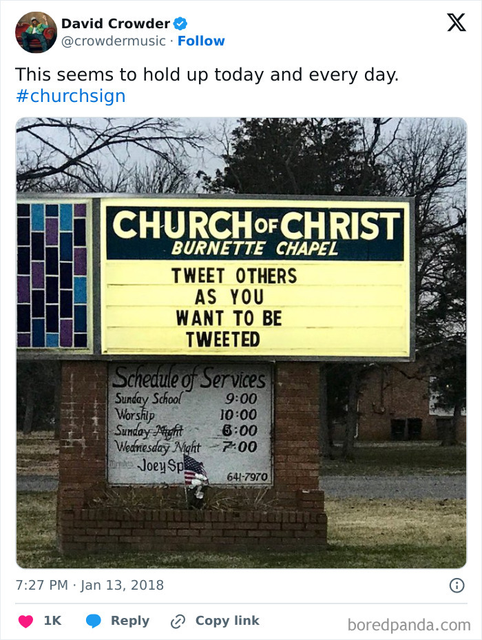 Church of Christ sign with a humorous church sign joke about tweeting others as you want to be tweeted.