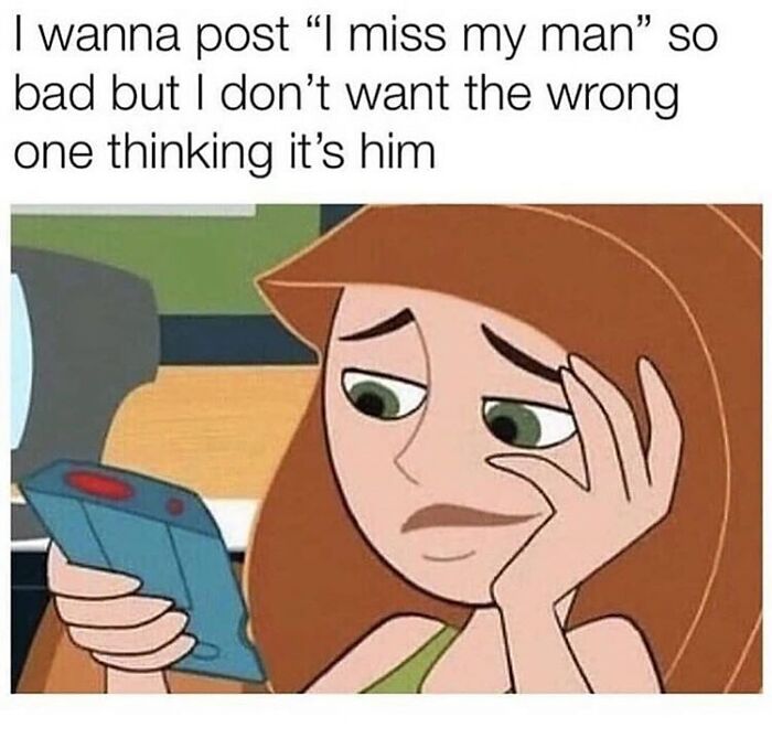 Woman holding phone and looking conflicted about posting a relatable relationships meme, capturing humorous relationship feelings.