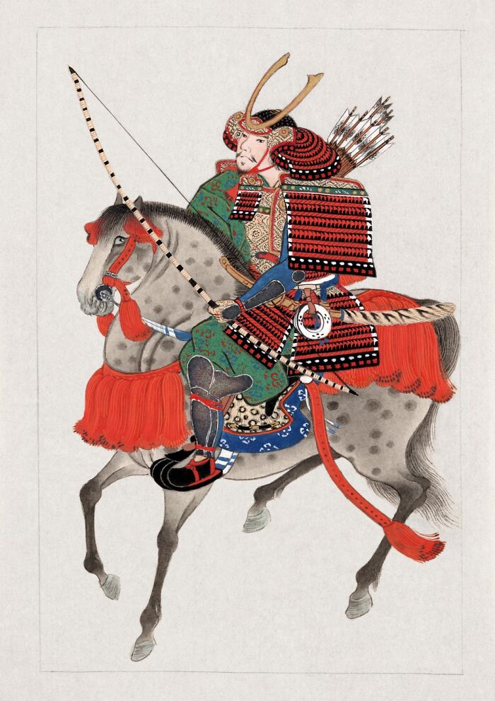 Samurai warrior in traditional armor riding horse, holding bow and arrows, depicting dangerous and unsafe historical sports.