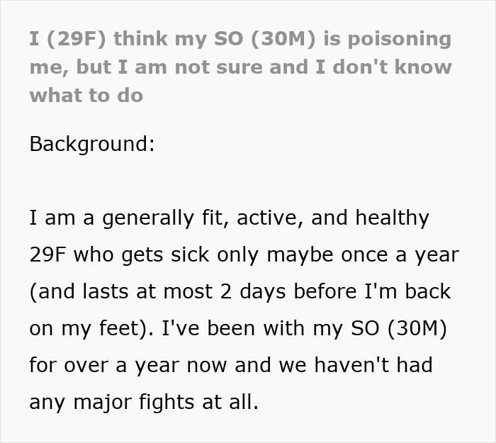 Text post from a woman worried she might be getting sick from homemade food her boyfriend sends her. Text post from a woman worried she might be getting sick from homemade food her boyfriend sends her.