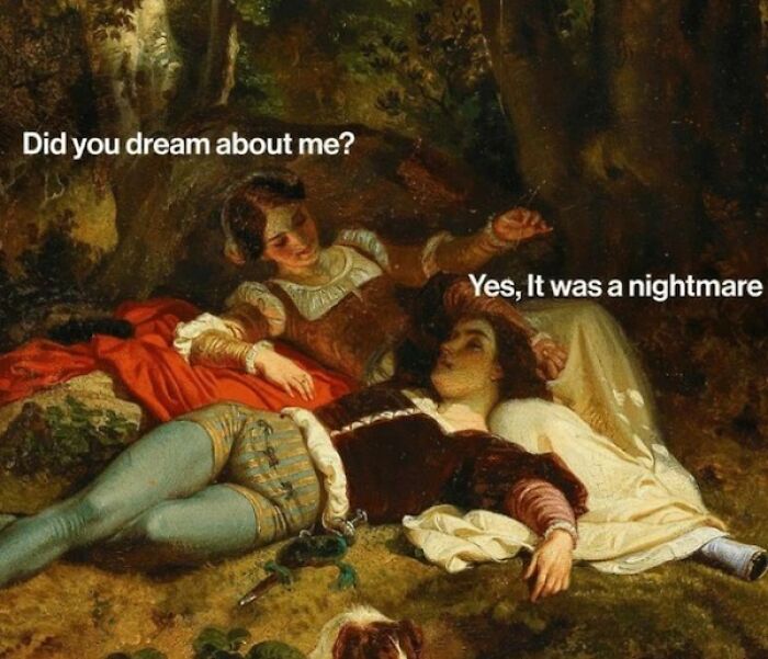 Classical painting of a couple lying outdoors with clever captions creating a funny meme using classical paintings keyword.