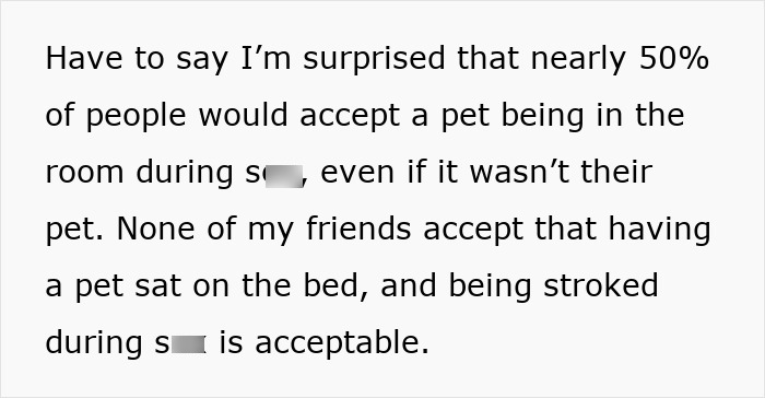 Text discussing the acceptance of stroking a cat during intimacy and pets being present in the room.