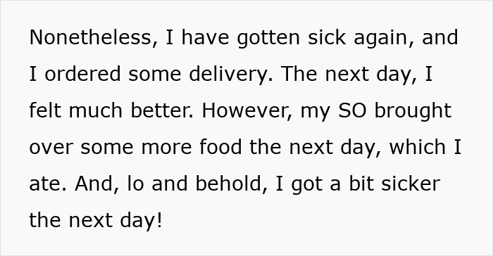 Text excerpt discussing sickness and food delivery, hinting at homemade food causing illness from a boyfriend to girlfriend. Text excerpt discussing sickness and food delivery, hinting at homemade food causing illness from a boyfriend to girlfriend.