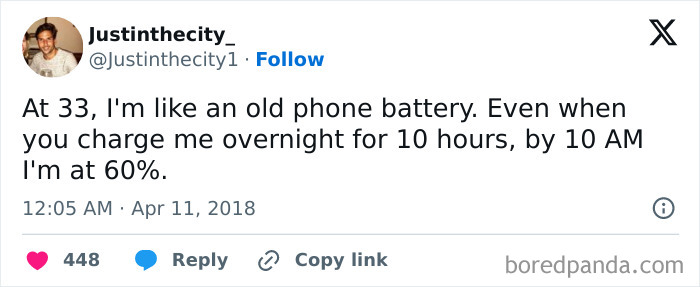 Relatable meme about feeling like an old phone battery losing charge fast after overnight charging.