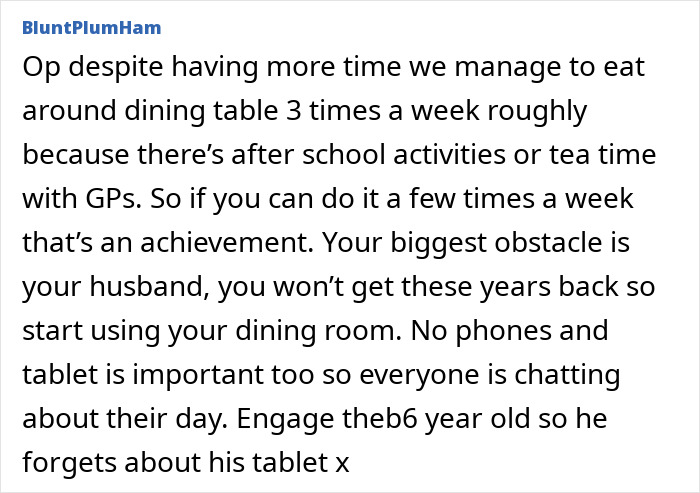 Screenshot of a forum post discussing challenges a mom faces trying to eat together with family regularly.