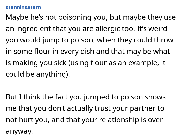 Text excerpt discussing possible allergic ingredients in homemade food causing sickness, affecting trust in relationship. Text excerpt discussing possible allergic ingredients in homemade food causing sickness, affecting trust in relationship.