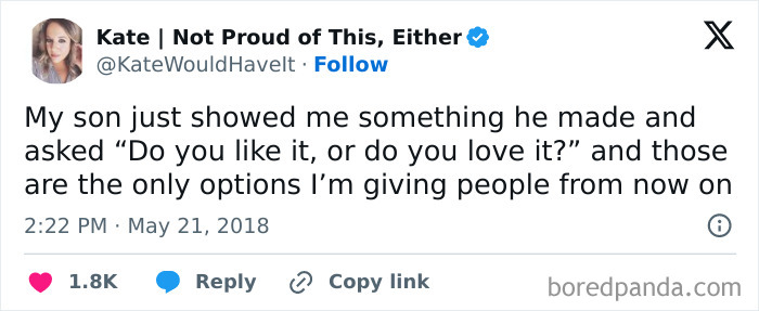 Tweet from a parent humorously sharing how their son asked if they liked or loved his creation, showcasing relatable parenting memes.