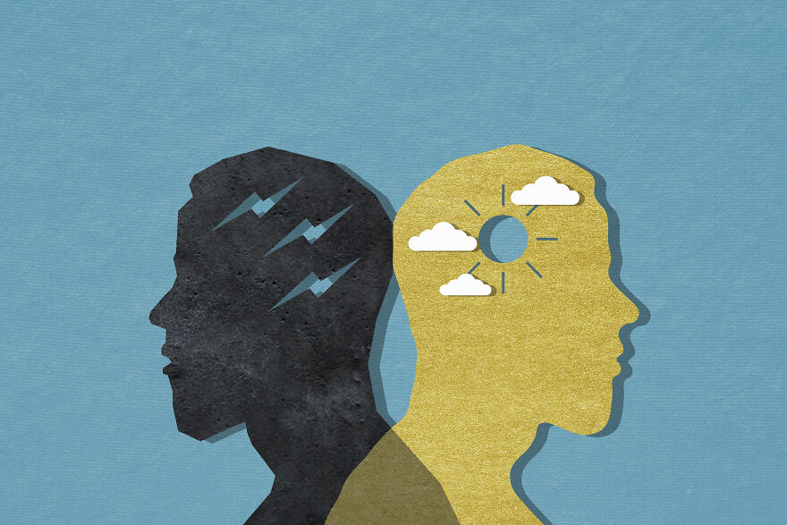 Silhouettes of two heads back-to-back, one dark with lightning bolts, the other golden with sun and clouds, symbolizing mindset shift.