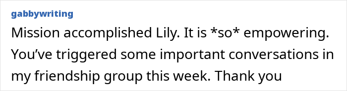 Text post by gabbywriting expressing empowerment and gratitude for Lily Allen triggering important conversations in a friendship group.