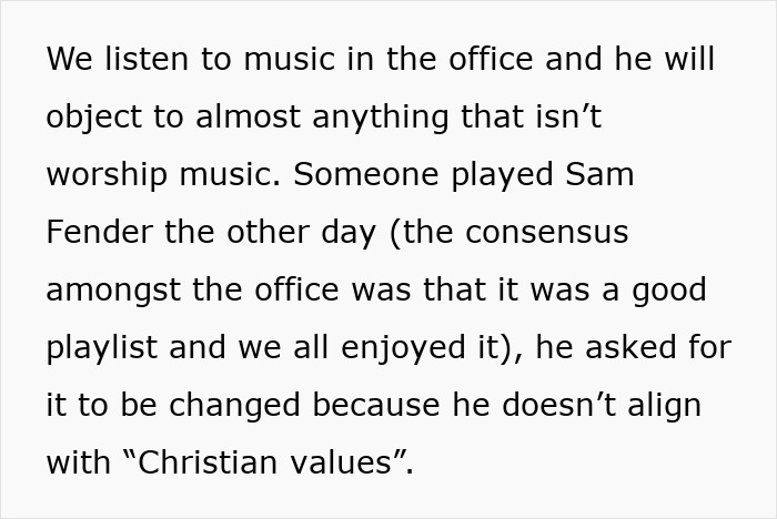 Text excerpt showing a coworker objecting to office music for not aligning with Christian values, causing tension.