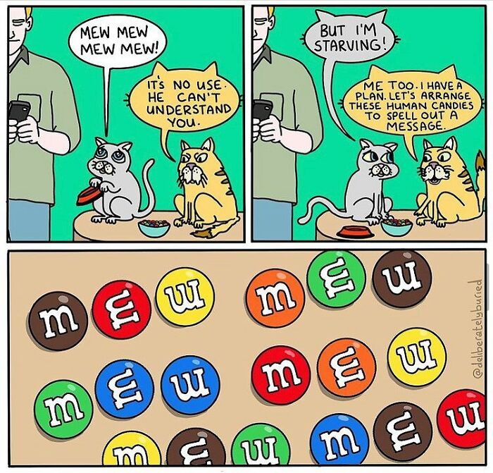 Comic by artist showing cats with unexpected endings and dark humor arranging human candies to spell a message.