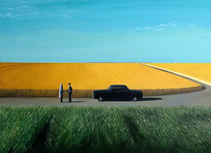Surreal landscape painting by Zhiyong Jing depicting a man meeting a figure by a black car on a country road.