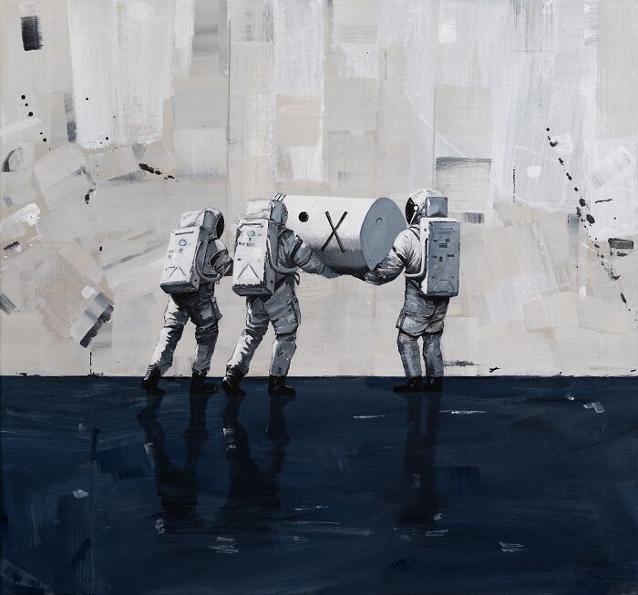 Three astronauts in space suits carrying a large cylindrical object in an abstract painting by Zhiyong Jing.