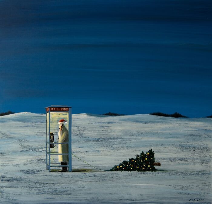 Surreal painting by Zhiyong Jing showing a figure in a phone booth with a Christmas tree in a snowy landscape at night.