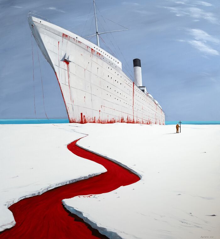 Surreal painting by Zhiyong Jing depicting a large ship on a snowy landscape with a vivid red river running through it.