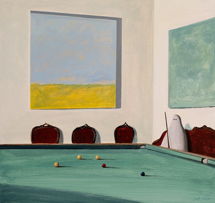 Surreal painting of a billiards room with ghost figure and abstract art, exploring the space between dreams and reality.