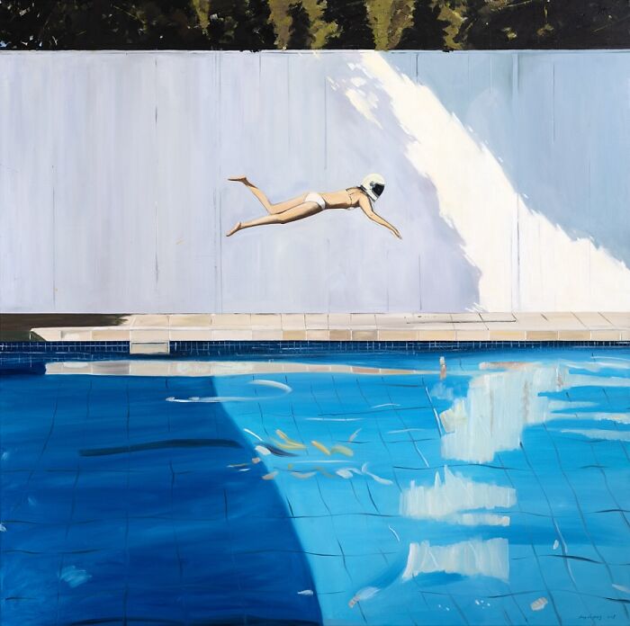 Surreal painting by artist Zhiyong Jing showing a person in a helmet diving horizontally above a pool.
