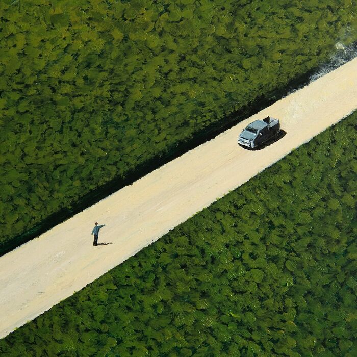 A painting by Zhiyong Jing showing a lone figure on a road surrounded by green fields with a truck approaching.