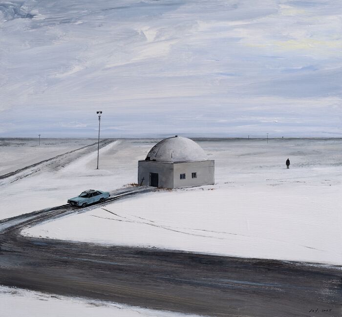 Painting by Zhiyong Jing depicting a solitary building and car in a snowy landscape, reflecting space between dreams and reality.