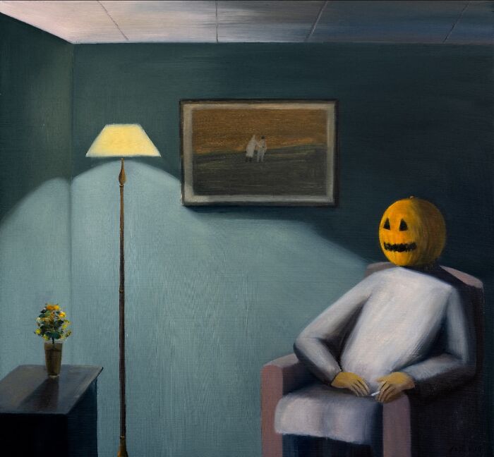Surreal painting by Zhiyong Jing depicting a figure with a pumpkin head seated in a dimly lit room.