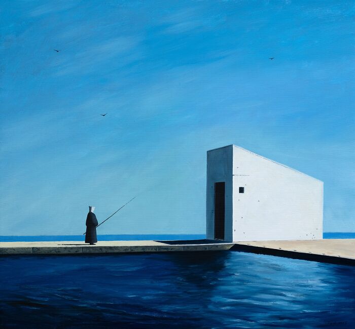 Surreal painting by Zhiyong Jing featuring a lone figure fishing near a minimalist white structure by deep blue water.
