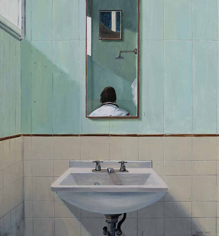 Painting by Zhiyong Jing depicting a person reflected in a bathroom mirror above a white sink in muted tones.
