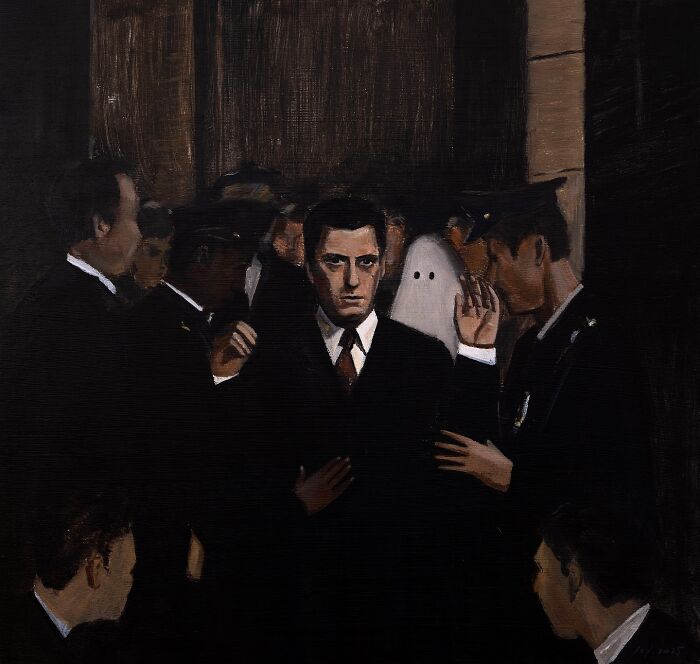 Painting by Zhiyong Jing depicting a tense scene with a ghost figure, exploring the space between dreams and reality.