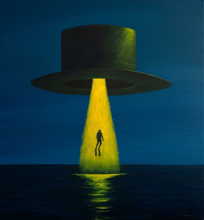 Surreal painting by Zhiyong Jing featuring a diver illuminated by a giant floating hat beam over dark water.