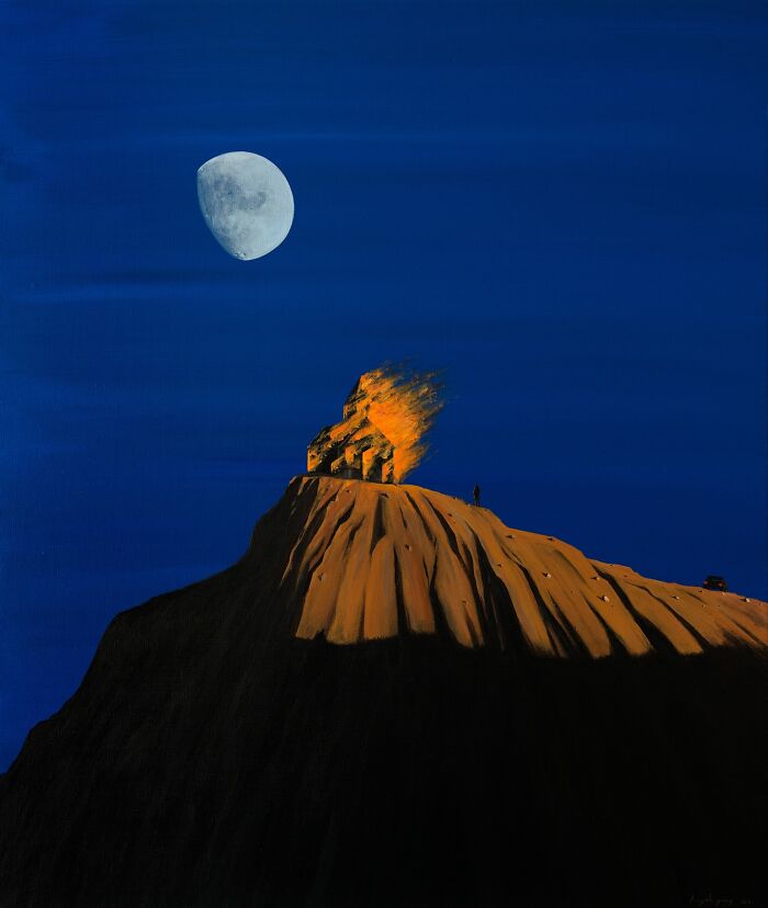 Surreal artwork by Zhiyong Jing depicting a glowing mountain under a moonlit sky, blending dreams and reality.