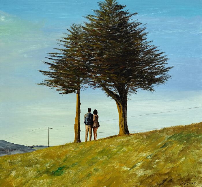 Couple standing between two trees on a grassy hill in a surreal painting by artist Zhiyong Jing.