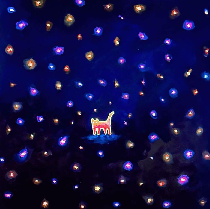 Surreal cat world artwork featuring a glowing cat surrounded by vibrant dreamscape-like stars in a dark blue space.