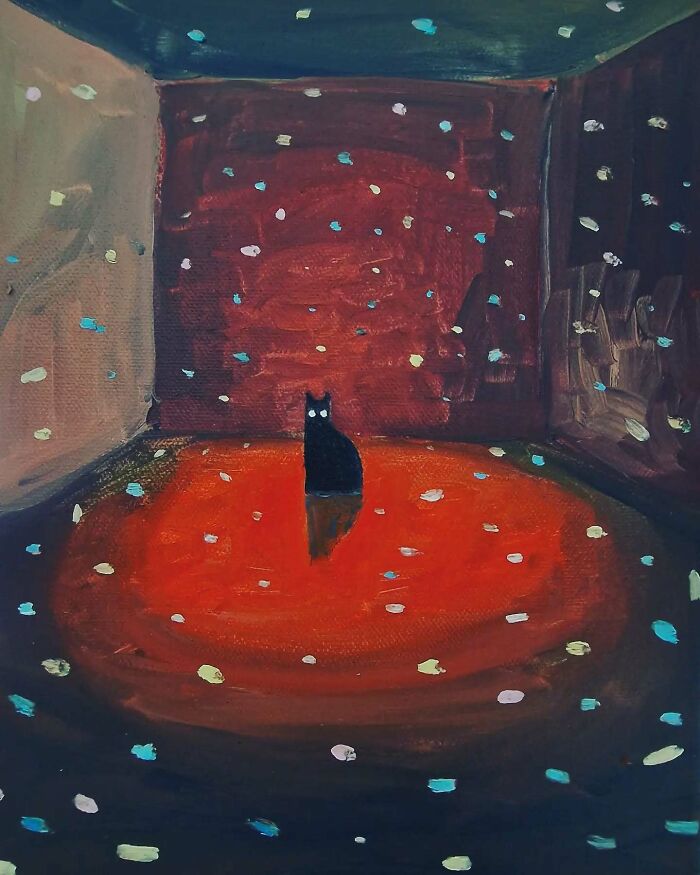 Surreal cat world painting with a black cat in a dreamlike room filled with colorful floating shapes.
