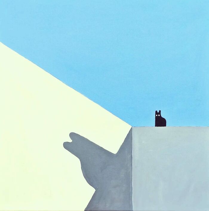 Surreal cat world featuring a black cat casting a large wolf-like shadow under bright contrasting light and blue sky.