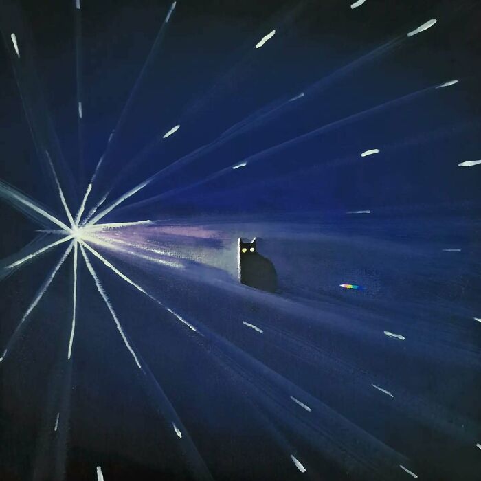 Surreal cat world featuring a black cat with glowing eyes in a cosmic, dreamlike blue space with radiant light beams.