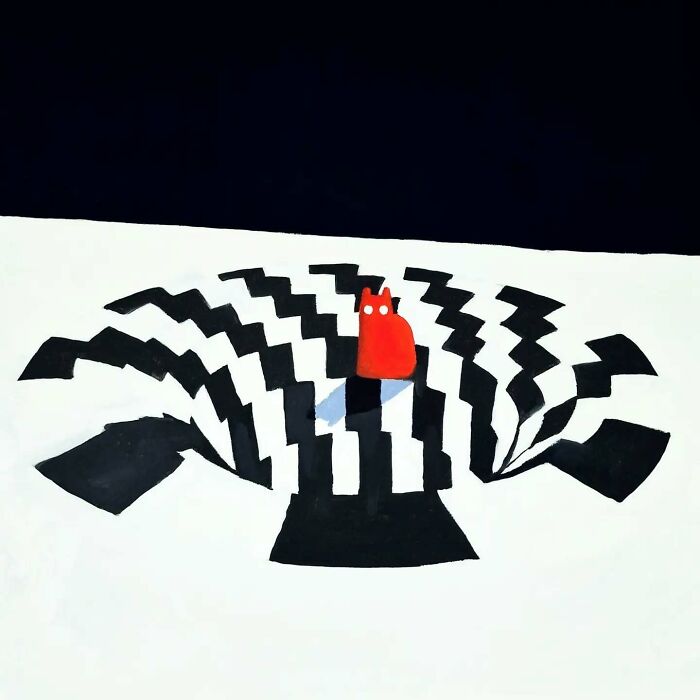 Surreal cat world with a red cat sitting on a black and white zigzag pattern, creating a dreamscape effect.