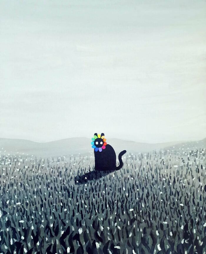 Surreal cat world painting with black cat wearing colorful flower headpiece in a dreamscape field of dark grass and flowers.