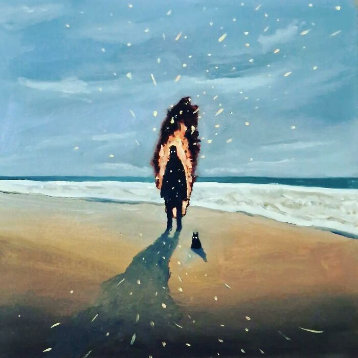 Surreal cat worlds with dreamlike beach scene featuring a figure and a black cat under a starry sky.