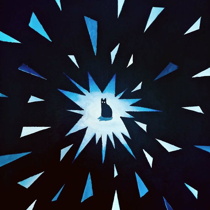 Surreal cat worlds artwork featuring a black cat with glowing eyes in a dreamscape of blue and black shapes.