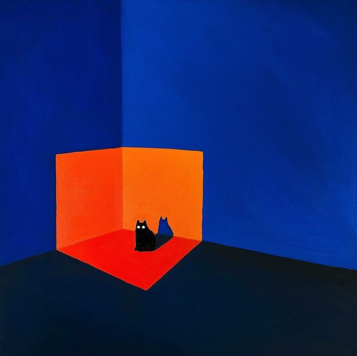 Surreal cat art featuring a black cat with glowing eyes in a vibrant blue and orange dreamlike space.